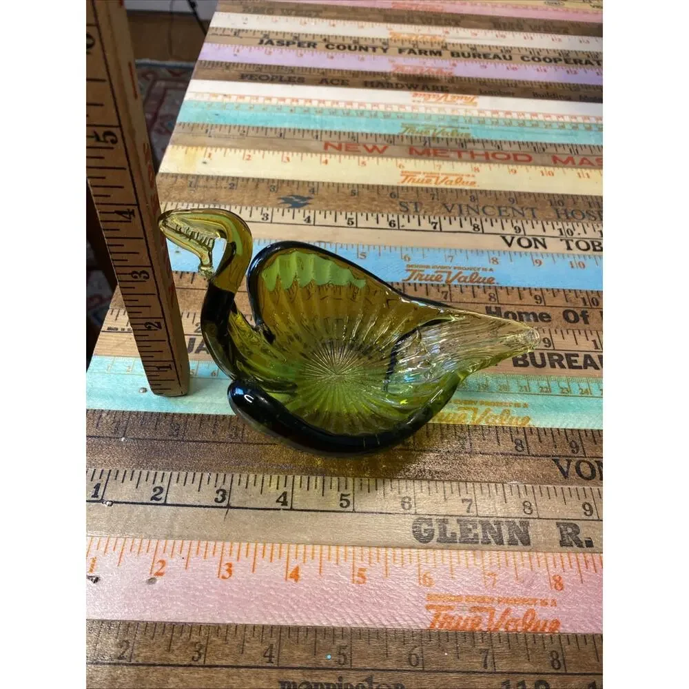 MCM 1960s Hand Blown Glass Swan Trinket Dish Avacado Green‎